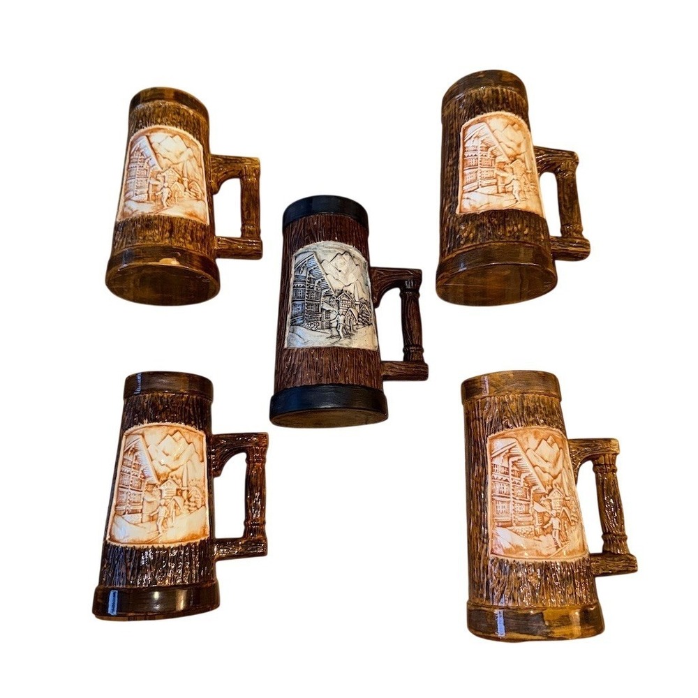 Set of 5 Treasure Craft Beer Steins Alpine Ski Lodge Scene Mugs 7.5" Oktoberfest